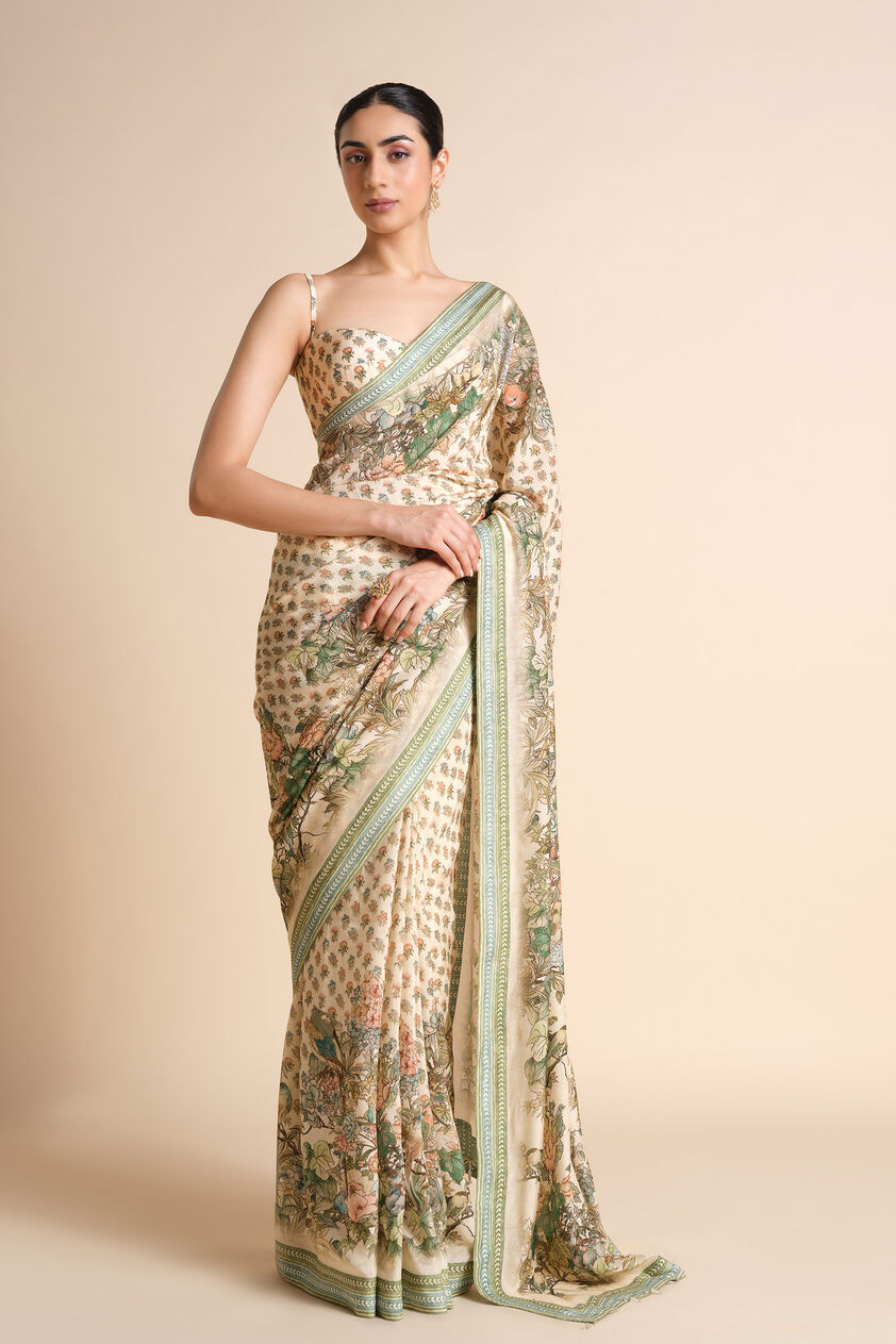 Liana Printed Silk Saree - Ivory, Ivory, image 1